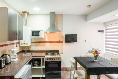 a kitchen with a stove and a counter top at Cabañas Tierra Mistica in Ushuaia