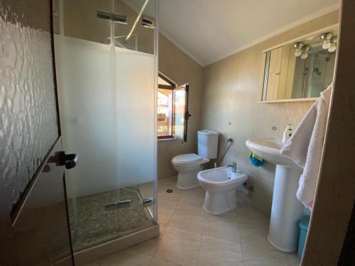 een badkamer met een douche, een toilet en een wastafel bij Vila Lumja in Tirana