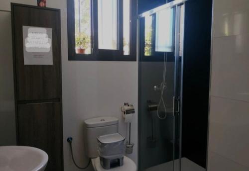 y baño con ducha, aseo y lavamanos. en Hotel Rural Aznaitín, en Albanchez de Úbeda