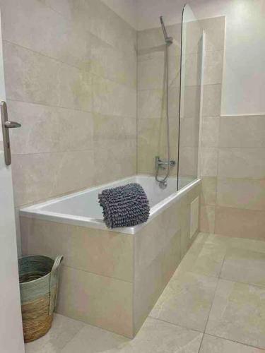 uma banheira branca na casa de banho com uma cesta em Le BASHKIR em Nice