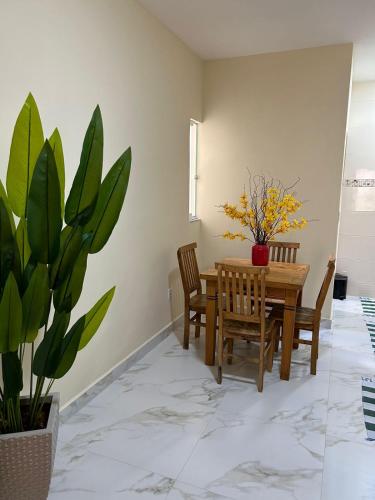 a dining room with a table and chairs and a potted plant at casa em Brotas 08 in Brotas