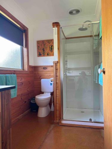 a bathroom with a toilet and a glass shower at Vayu Vista in Princetown