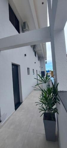 a potted plant sitting on the side of a building at Villa Licuri Boiçucanga in Boicucanga