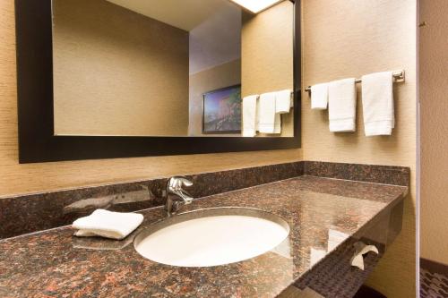 La salle de bains est pourvue d'un lavabo, d'un miroir et de serviettes. dans l'établissement Drury Inn & Suites Jackson MO, à Jackson
