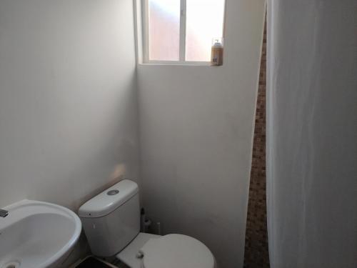 a bathroom with a toilet and a sink and a window at Apartamento cerca del Humedal Tres Puentes in Punta Arenas