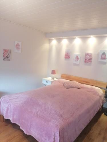 a bedroom with a bed with a pink blanket at Gemütliches Appartment in Homberg Stadtmitte in Homberg
