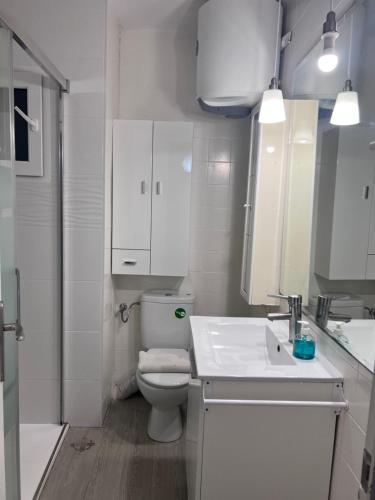 La salle de bains blanche est pourvue de toilettes et d'un lavabo. dans l'établissement Orly Pobla de Farnals playa, à Las Canteras