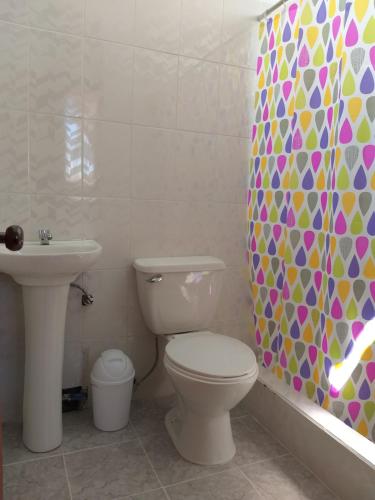 La salle de bains est pourvue de toilettes, d'un lavabo et d'un rideau de douche. dans l'établissement Hostal Las Cruces, à Arica