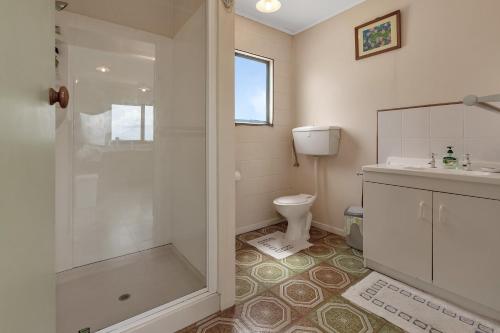 a bathroom with a shower and a toilet at The Mermaid's Rest - Whatuwhiwhi Holiday Home in Kaitaia