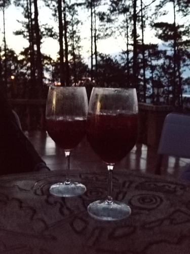 two glasses of red wine sitting on a table at Cerro Azul Mountain Retreat in Cerro Azul