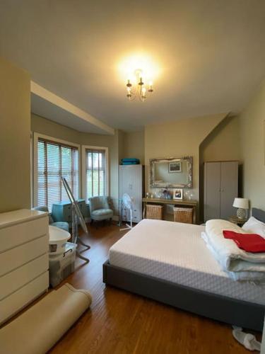 1 dormitorio con 1 cama y sala de estar en Delightful Victorian House, en Mánchester