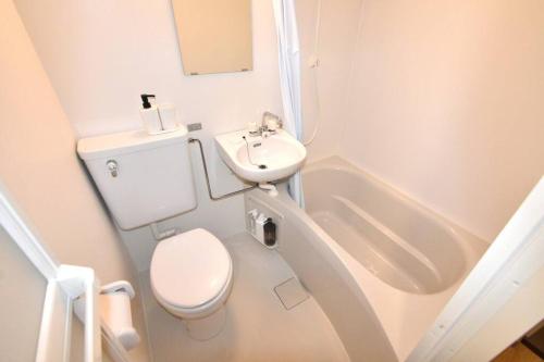 a white bathroom with a toilet and a sink at coco de minpaku 今泉 in Susakiuramachi