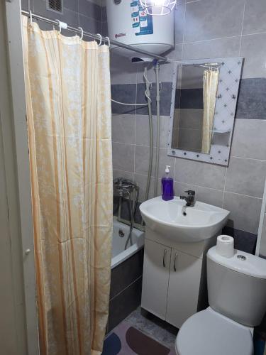 W łazience znajduje się umywalka, toaleta i lustro. w obiekcie 2-х комнатная квартира по ул. Муратбаева w Kyzyłordzie