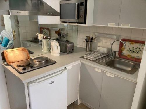 une petite cuisine avec un évier et un micro-ondes dans l'établissement Appartement climatisé au centre-ville du Lavandou avec parking sécurisé et terrasse - FR-1-308-184, au Lavandou
