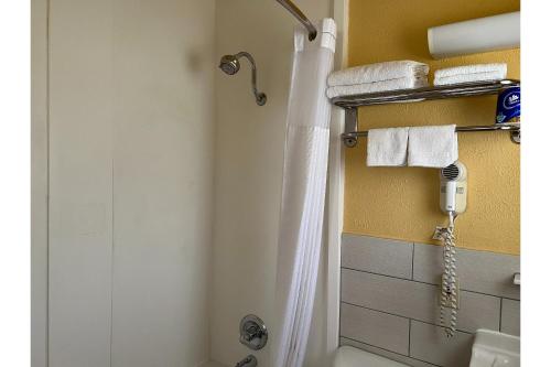baño con ducha con cortina blanca en Budget inn motel perrysburg oh en Millbury