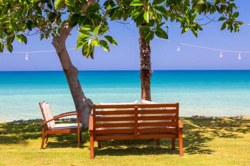 two benches sitting under two trees on the beach at Villa Diana Seaside in Pomos