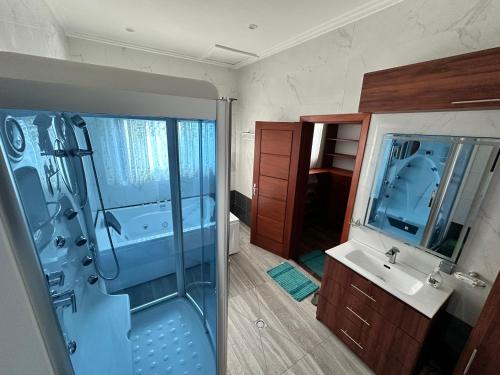 a bathroom with a shower and a sink at Villa Only in Douala