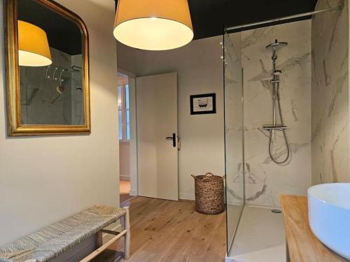 une salle de bain avec une douche en verre et un lavabo dans l'établissement Le Haut Puits Amboise Tours piscine dans grand parc, à Reugny