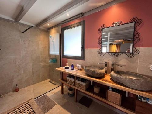 a bathroom with a large sink and a mirror at Kaz Ti'Chouka, centre St-Leu, 40 m du lagon in Saint-Leu