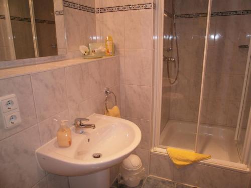 a bathroom with a sink and a shower at Apartments Aschheim in Aschheim