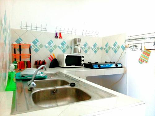 eine Küche mit einer Spüle und einer Mikrowelle in der Unterkunft La villa flamboyant in Mahajanga