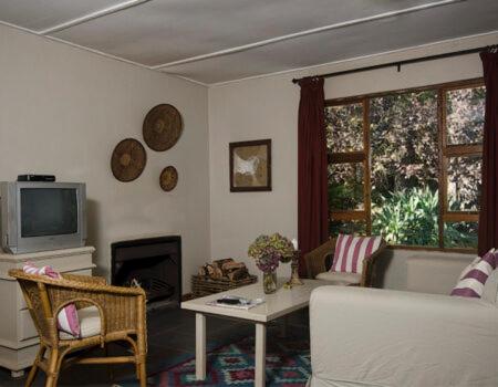 a living room with a couch and a tv at Maylodge Country Cottages in Hogsback