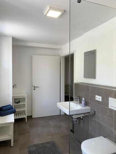 a bathroom with a sink and a toilet at Frundsberg-Apartment in Mindelheim