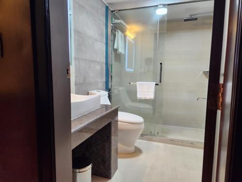 a bathroom with a toilet and a sink and a shower at Paragon Hotel and Resort in Sreemangal