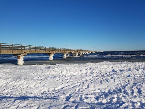 une jetée dans la neige à côté de l'océan dans l'établissement Haus "Fock", à Prerow