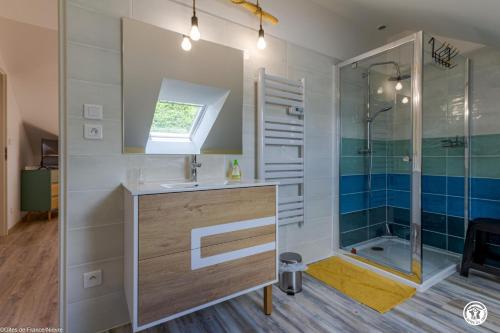 a bathroom with a sink and a shower at Gîte de Savenay in Aunay-en-Bazois