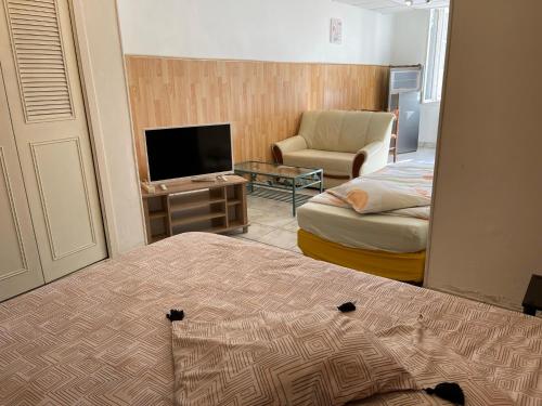 um quarto com uma cama, uma televisão e uma cadeira em Aquanerius Résidence em Néris-les-Bains