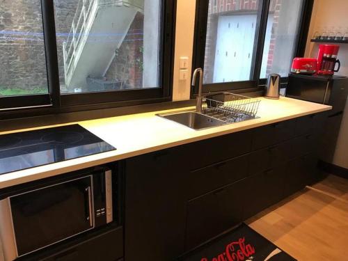 Il comprend une cuisine avec un évier et 2 grandes fenêtres. dans l'établissement Le Rocher du Sillon & Le Petit Sillon, à Saint-Malo