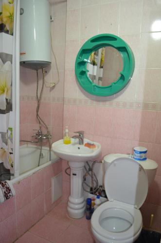 La salle de bains est pourvue de toilettes, d'un lavabo et d'un miroir. dans l'établissement Apartment on 5 microdistrict, 8, à Bishkek