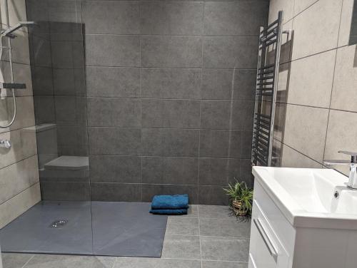 a bathroom with a shower and a sink at Wellington Circus in Nottingham
