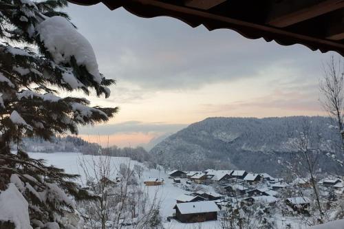 a snow covered village with houses and a mountain at Très belle vue pour un chalet de 200 m2 in Arâches-la-Frasse