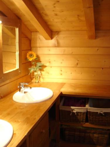 a wooden bathroom with a sink and a mirror at Très belle vue pour un chalet de 200 m2 in Arâches-la-Frasse