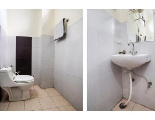 2 immagini di un bagno con servizi igienici e lavandino di HOTEL MIDTOWN INN, Singrauli a Singrauli