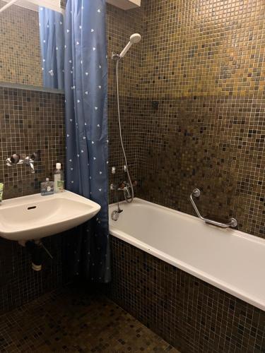 ein Bad mit einer Badewanne, einem Waschbecken und einer Dusche in der Unterkunft EasyRoomBasel in Basel