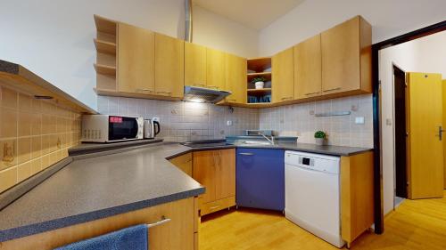a kitchen with wooden cabinets and a white appliance at Apartmán Topolová 912B in Milovice