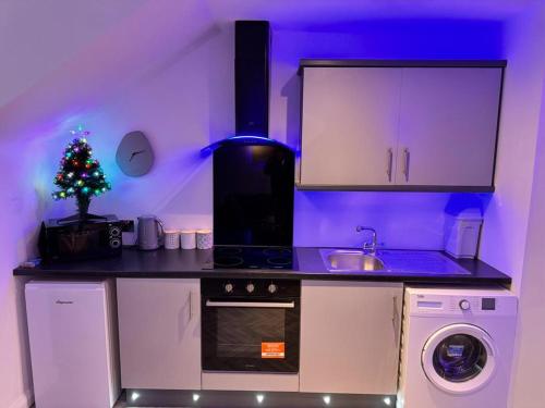 a kitchen with a christmas tree on the counter at The Red Door Holiday Let Limavady in Limavady