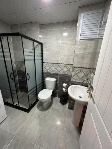 a bathroom with a toilet and a shower and a sink at Modern and Chic Downtown House in Kars