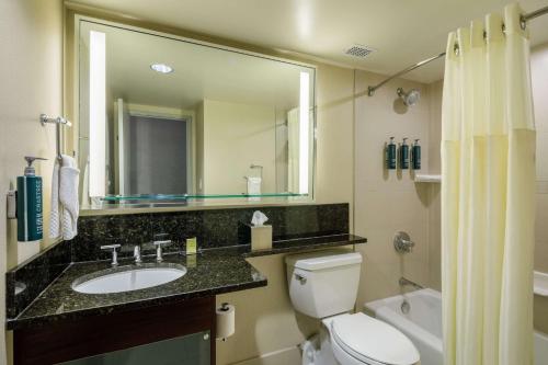 a bathroom with a sink and a toilet and a mirror at DoubleTree by Hilton Hotel Denver in Denver