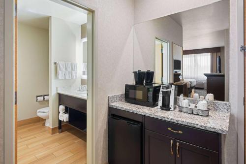 a bathroom with a sink and a counter with a microwave at La Quinta by Wyndham Idaho Falls/Ammon in Idaho Falls