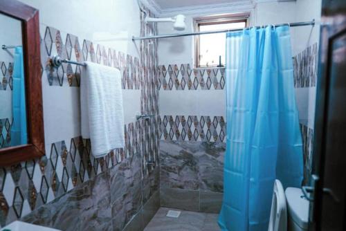 baño con ducha con cortina azul en Barre Hotel en Nairobi