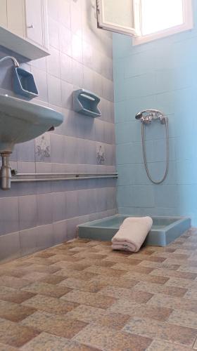 a bathroom with a shower and a tub and a sink at Michael Apartment Tyros in Tyros