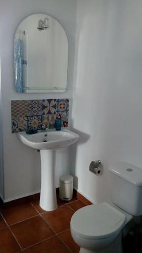 a bathroom with a white sink and a toilet at The Vine Studio in Rubite