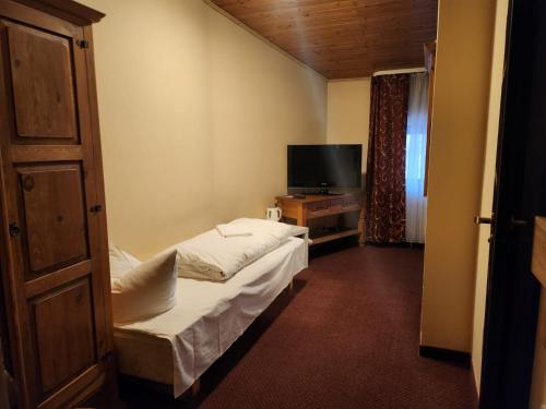 シュチルクにあるMamma Mia - pokoje gościnneのベッド1台とテレビが備わる小さな客室です。