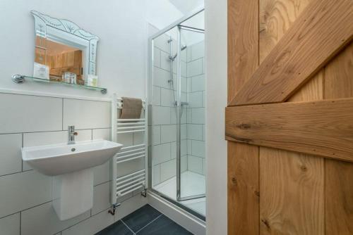 a bathroom with a sink and a glass shower at Stabal-Byrdir in Dyffryn