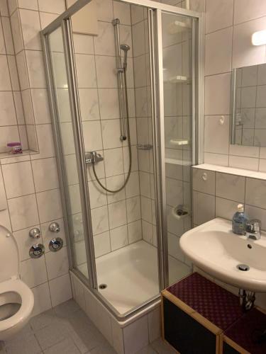 a bathroom with a shower and a sink and a toilet at Sonnenblick in Bad Tölz