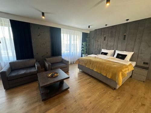 um quarto com uma cama, um sofá e uma cadeira em Platinum em Budzyń